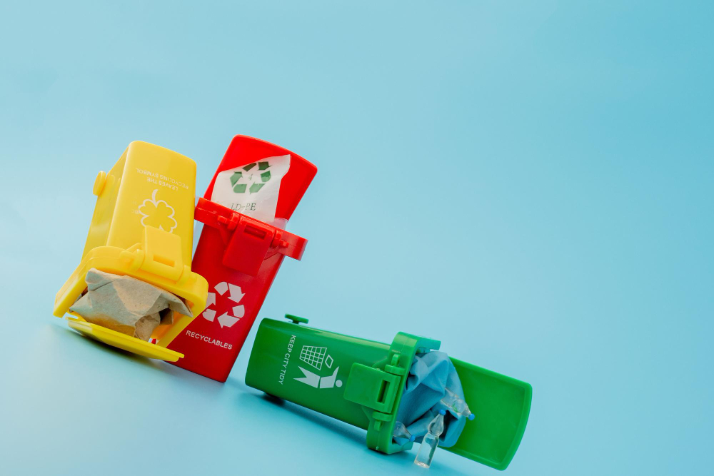 Different colored recycling bins on sky blue background